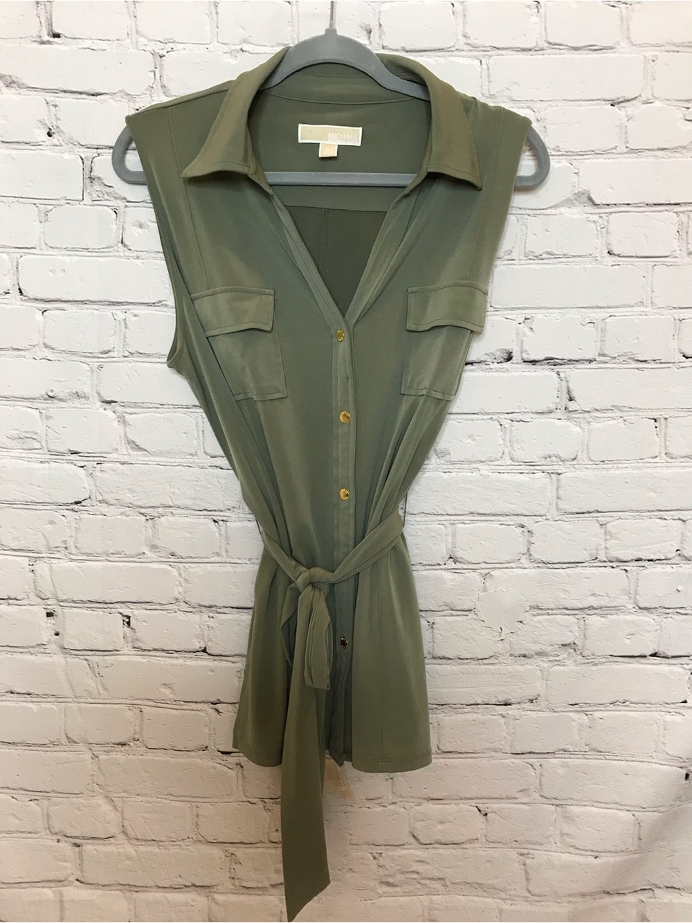 Michael Kors Olive Green Sleeveless Belted Utility Shirt Dress size XL